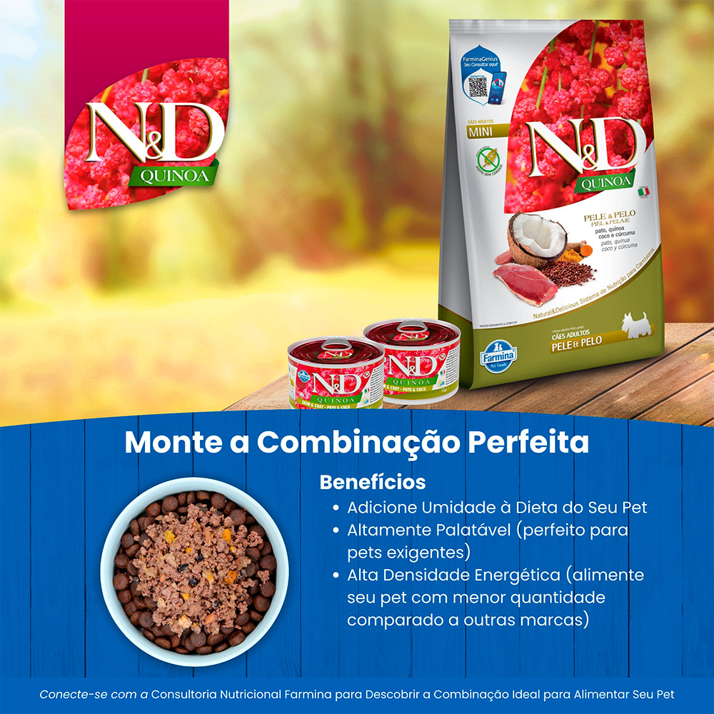 Ração N&D Quinoa Pele e Pelo para Cães Adultos de Porte Mini e Pequeno Sabor Pato, Quinoa, Coco e Cúrcuma