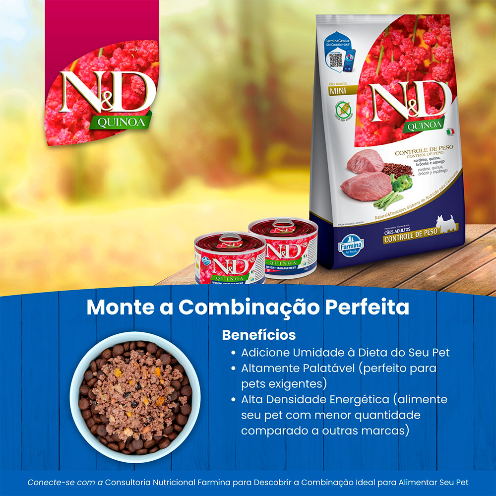 Ração N&D Quinoa Controle de Peso para Cães Adultos de Porte Mini e Pequeno Sabor Cordeiro, Quinoa, Brócolis e Aspargo