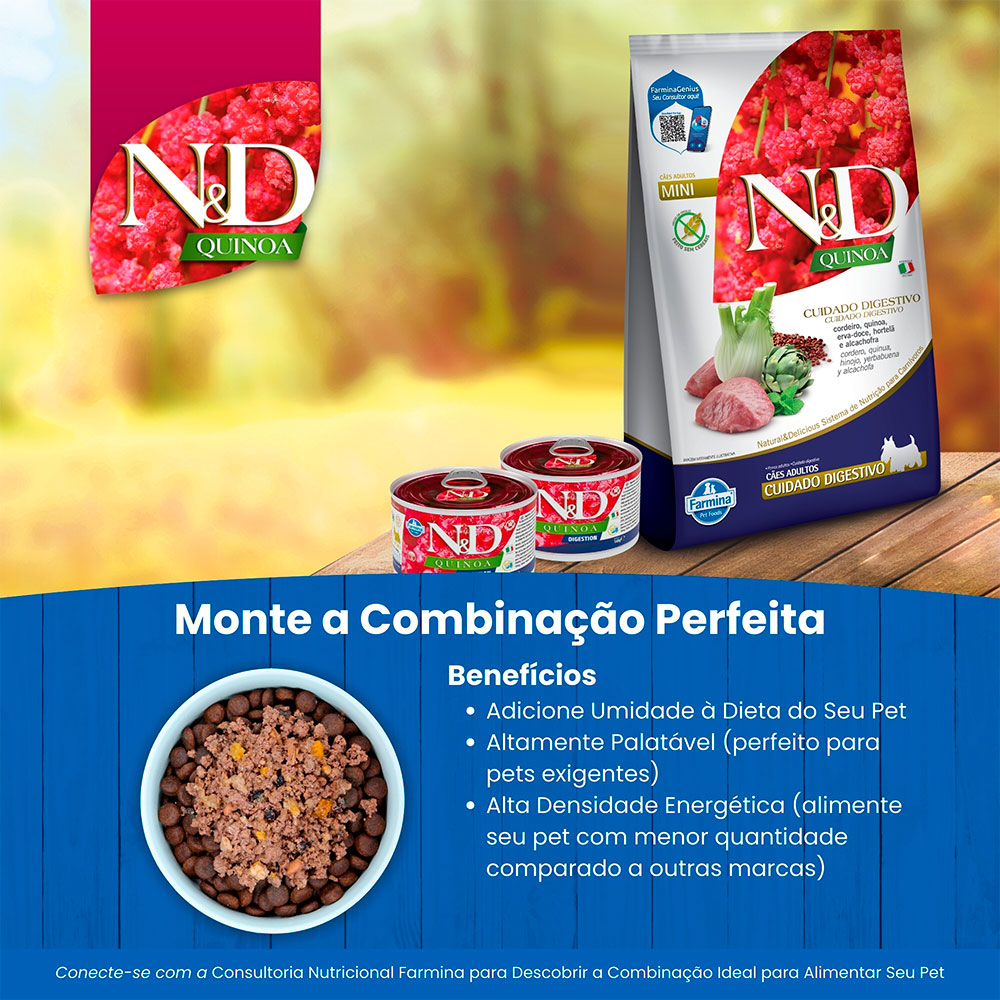 Ração N&D Quinoa Cuidado Digestivo para Cães Adultos de Porte Mini e Pequeno Sabor Cordeiro, Quinoa, Erva-Doce, Hortelã e Alcachofra