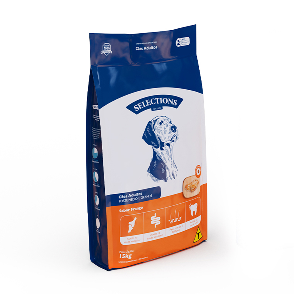 Ração Selections For Pet para Cães Adultos de Porte Médio e Grande Sabor Frango