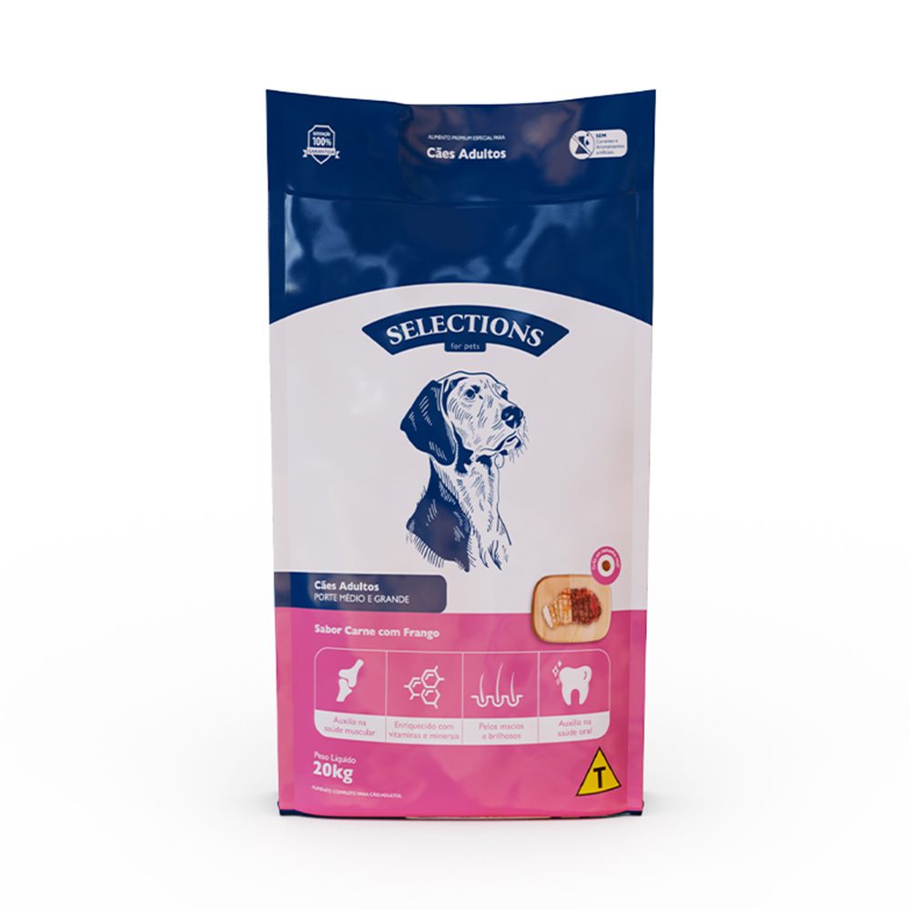 Ração Selections For Pet para Cães Adultos Médios/Grandes Sabor Carne e Frango