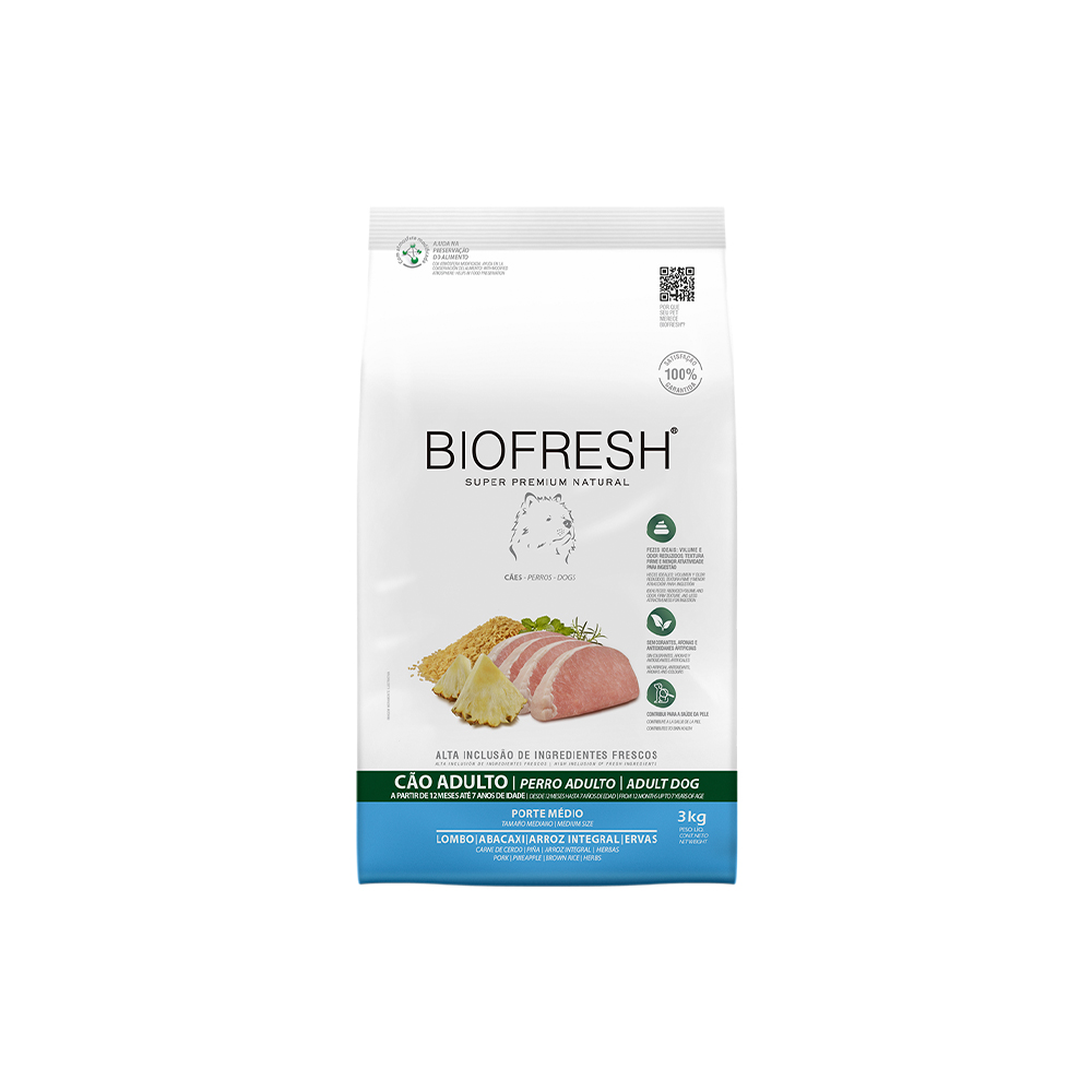 Ração Biofresh para Cães Adultos Porte Médio Sabor Lombo, Abacaxi, Arroz Integral e Ervas