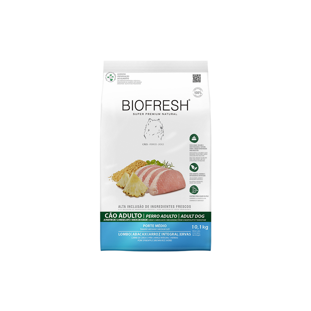 Ração Biofresh para Cães Adultos Porte Médio Sabor Lombo, Abacaxi, Arroz Integral e Ervas