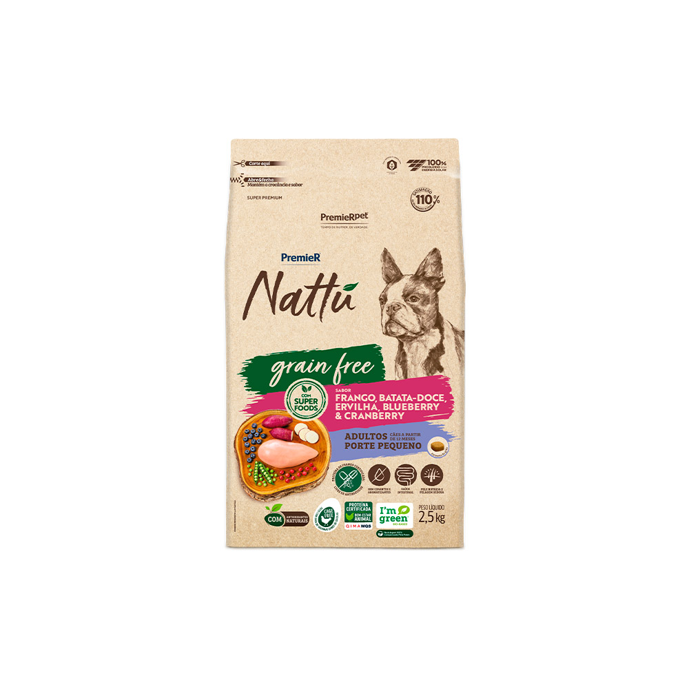 Ração Premier Nattu Grain Free para Cães Adultos de Porte Pequeno Sabor Frango e Batata Doce