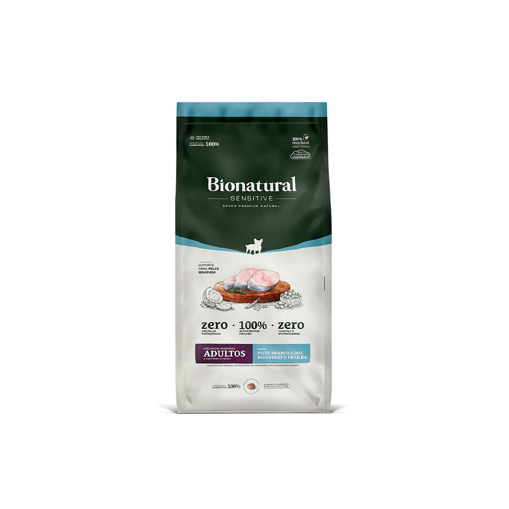 Ração Bionatural Sensitive para Cães Adultos de Raças Pequenas Sabor Peixe Branco, Coco, Blueberry e Ervilha Ração Bionatural Sensitive para Cães Adultos de Raças Pequenas Sabor Peixe Branco, Coco, Blueberry e Ervilha