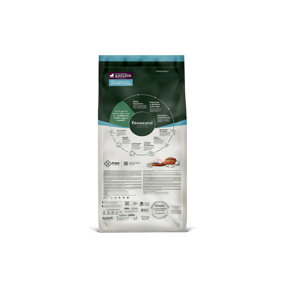 Ração Bionatural Sensitive para Cães Adultos de Raças Pequenas Sabor Peixe Branco, Coco, Blueberry e Ervilha Ração Bionatural Sensitive para Cães Adultos de Raças Pequenas Sabor Peixe Branco, Coco, Blueberry e Ervilha