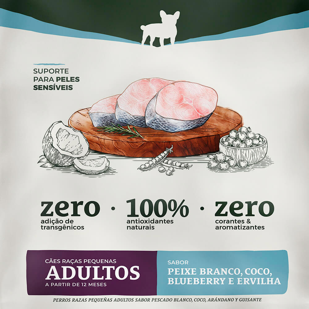 Ração Bionatural Sensitive para Cães Adultos de Raças Pequenas Sabor Peixe Branco, Coco, Blueberry e Ervilha Ração Bionatural Sensitive para Cães Adultos de Raças Pequenas Sabor Peixe Branco, Coco, Blueberry e Ervilha