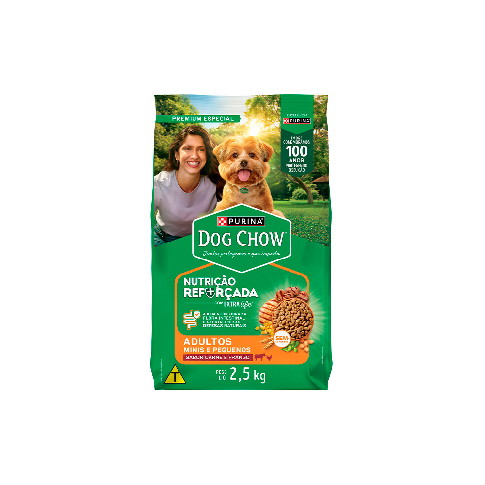 Ração Dog Chow Nutrição Reforçada para Cães Adultos de Porte Mini e Pequeno Sabor Carne, Frango e Arroz