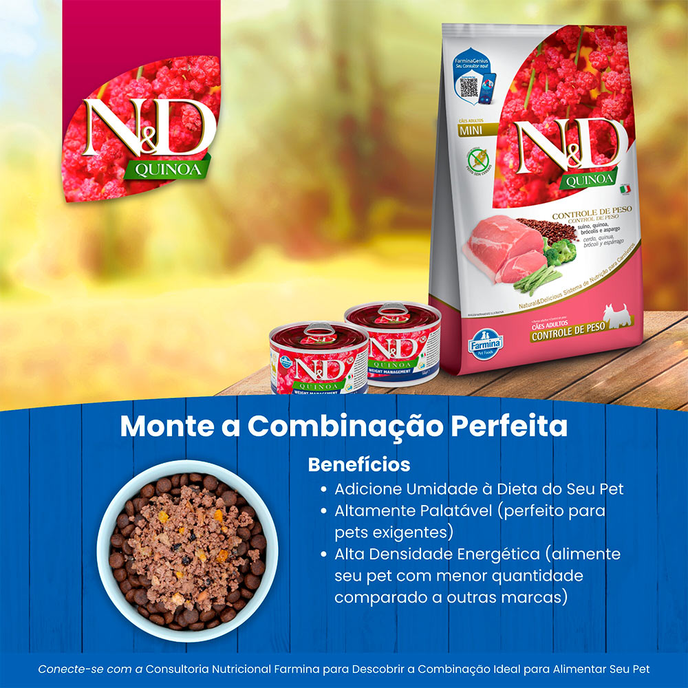 Ração Farmina N&D Quinoa Controle de Peso para Cães Adultos de Raças Mini e Pequenas Sabor Suíno, Quinoa, Brócolis e Aspargo 7 kg