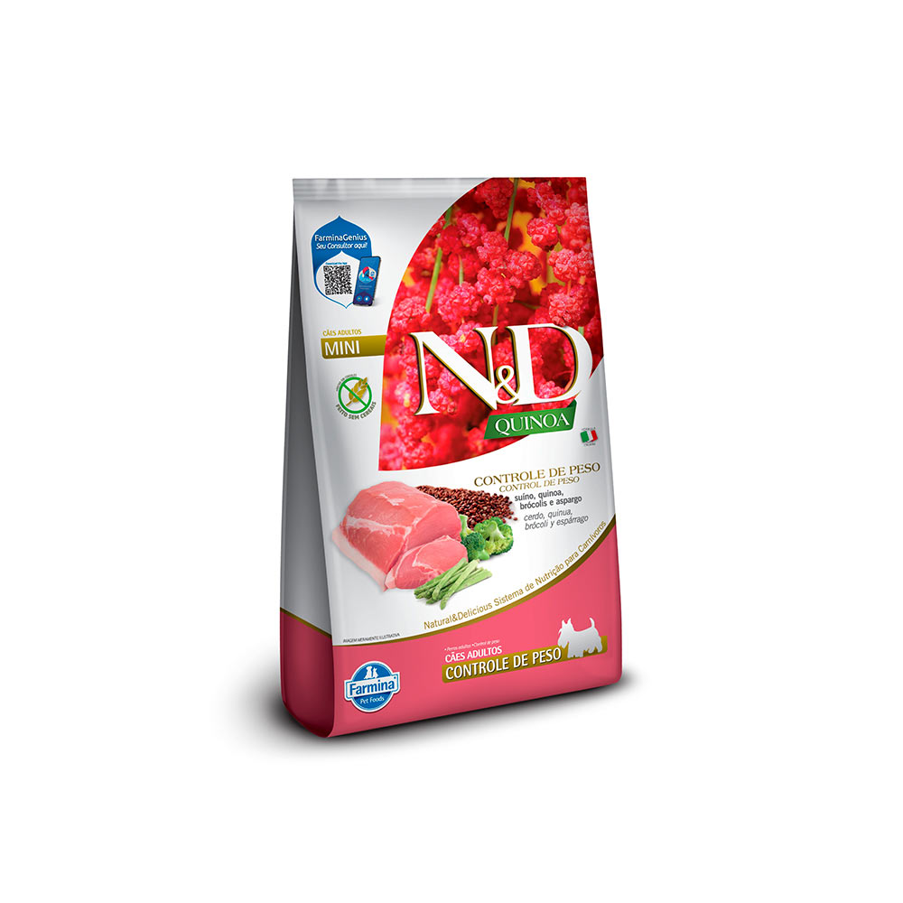 Ração Farmina N&D Quinoa Controle de Peso para Cães Adultos de Raças Mini e Pequenas Sabor Suíno, Quinoa, Brócolis e Aspargo 7 kg