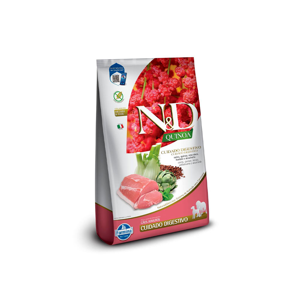 Ração Farmina N&D Quinoa Cuidado Digestivo para Cães Adultos de Raças Médias e Grandes Sabor Carne Suína, Quinoa, Erva-Doce, Hortelã e Alcachofra 10,1kg
