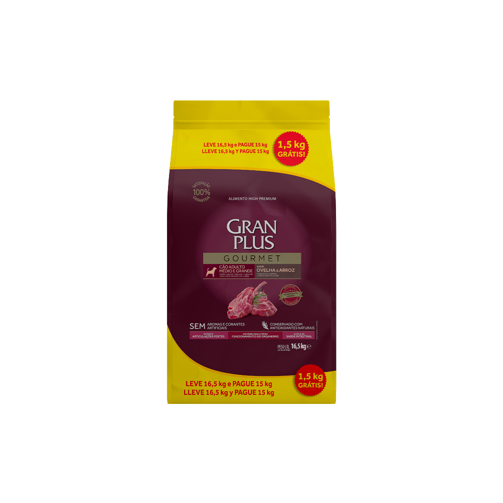 Ração GranPlus Gourmet para Cães Adultos de Médio e Grande Porte Sabor Ovelha e Arroz