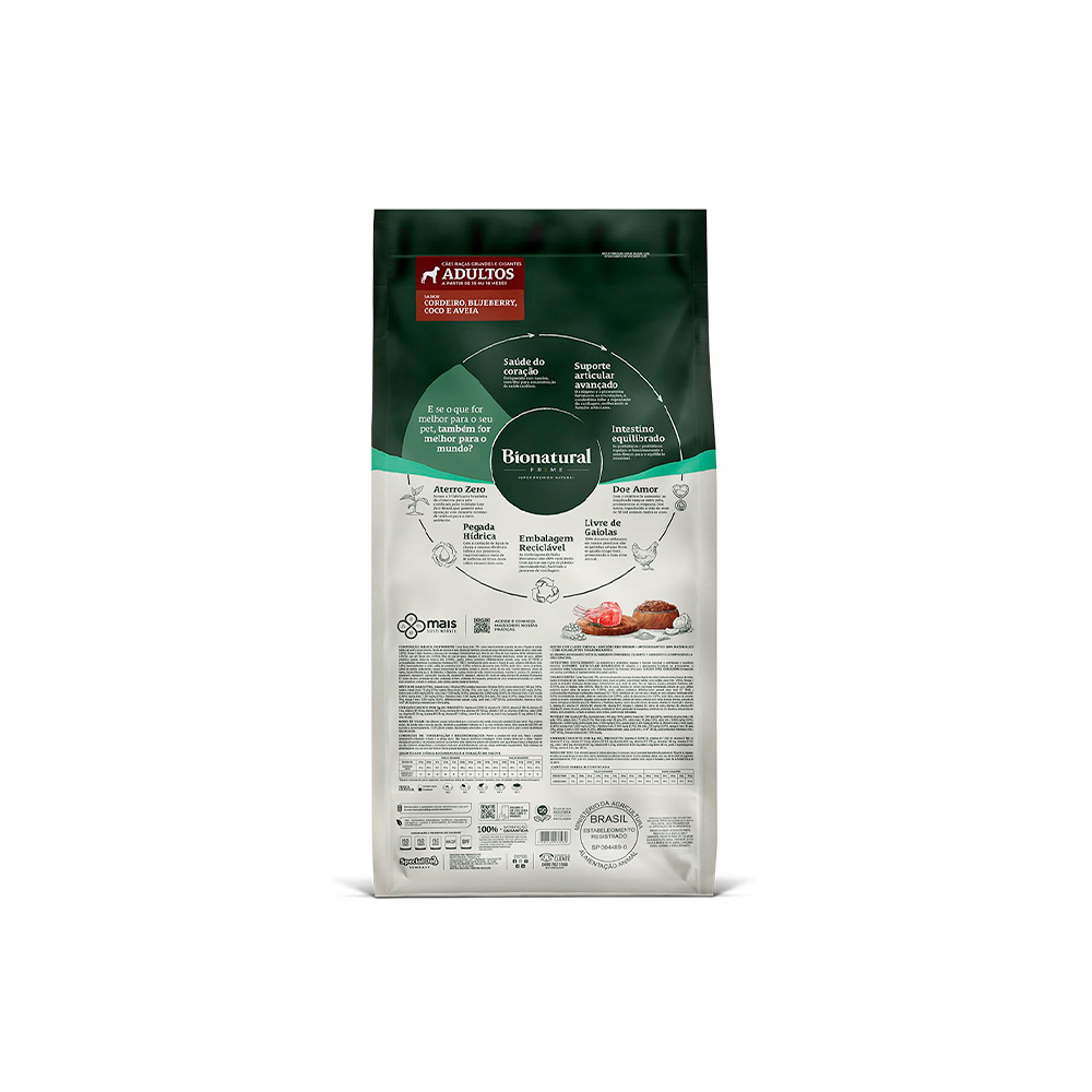 Ração Bionatural Prime para Cães Adultos de Raças Grandes e Gigantes Sabor Cordeiro, Blueberry, Coco e Aveia