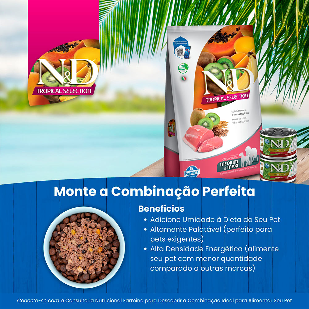 Ração Farmina N&D Tropical Selection para Cães Adultos de Porte Médio e Grande Sabor Suíno, Cereais e Frutas Tropicais