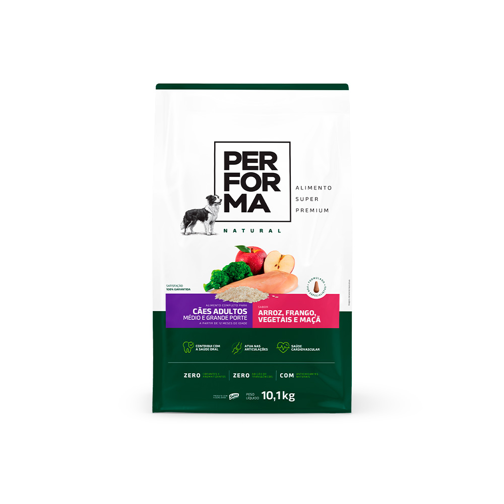 Ração Performa Natural para Cães Adultos de Médio e Grande Porte Sabor Arroz, Frango, Vegetais e Maçã