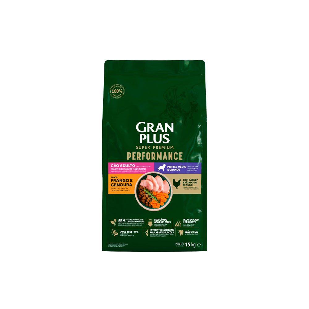 Ração GranPlus Performance para Cão Adulto de Porte Médio e Grande Sabor Frango e Cenoura
