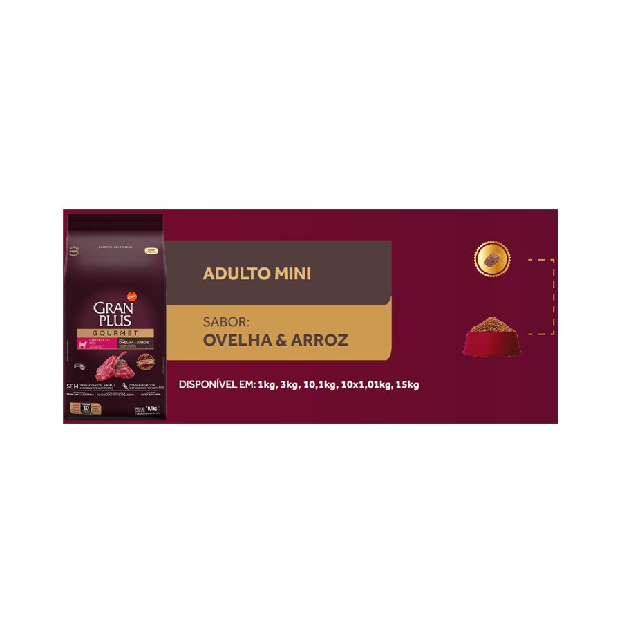 Ração GranPlus Gourmet para Cães Adultos de Porte Mini Sabor Ovelha e Arroz