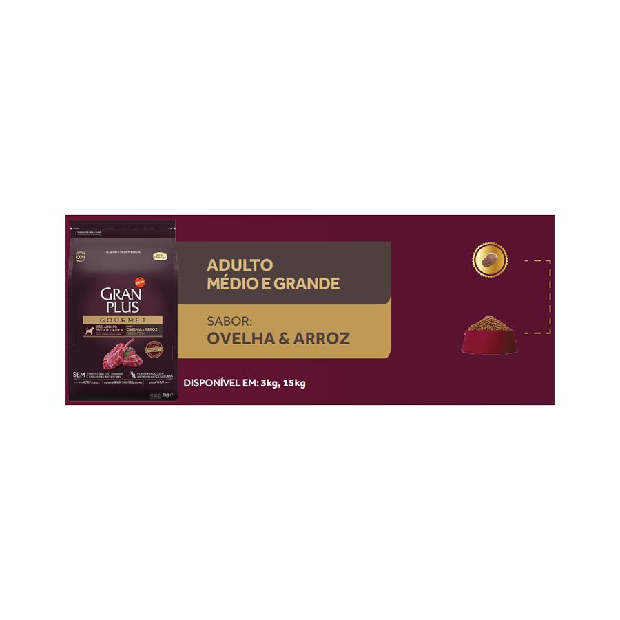 Ração GranPlus Gourmet para Cães Adultos de Médio e Grande Porte Sabor Ovelha e Arroz
