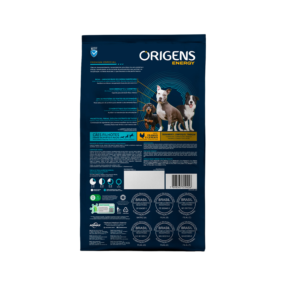 Ração Origens Energy para Cães Filhotes Sabor Frango e Cereais 15 kg