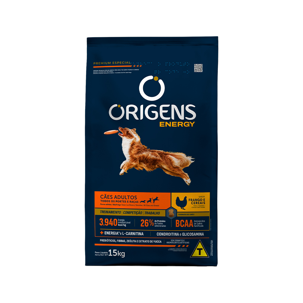 Ração Origens Energy para Cães Adultos Sabor Frango e Cereais 15 kg