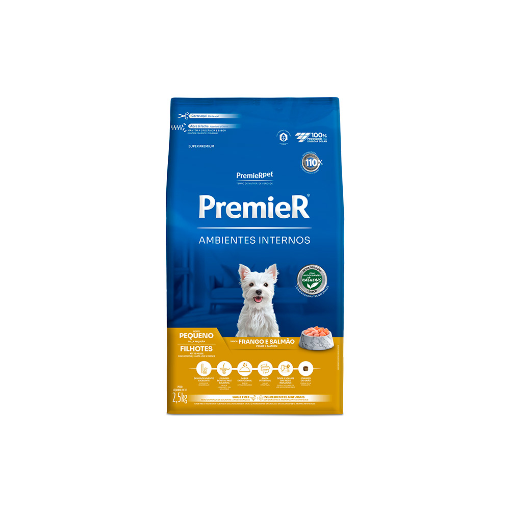 Ração Premier para Cães Filhotes de Raças Pequenas Ambientes Internos Sabor Frango e Salmão
