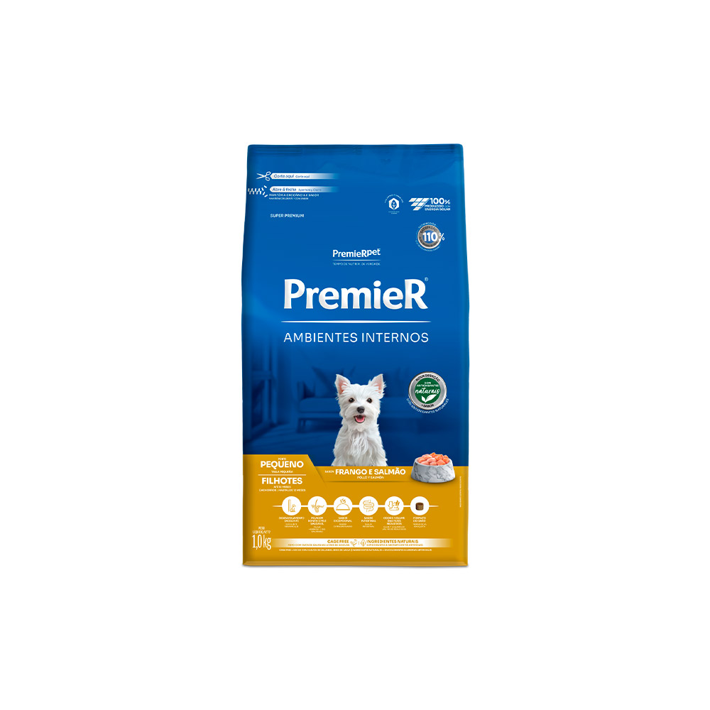 Ração Premier para Cães Filhotes de Raças Pequenas Ambientes Internos Sabor Frango e Salmão