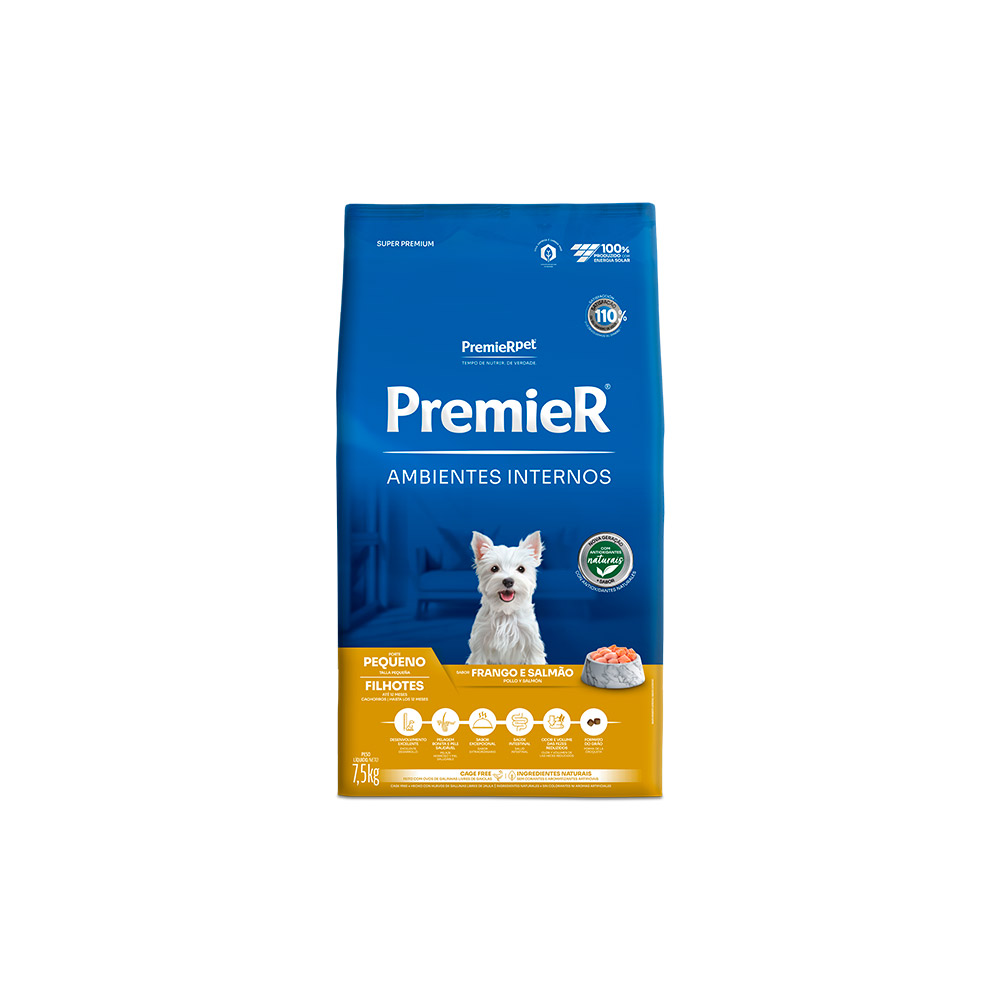 Ração Premier para Cães Filhotes de Raças Pequenas Ambientes Internos Sabor Frango e Salmão