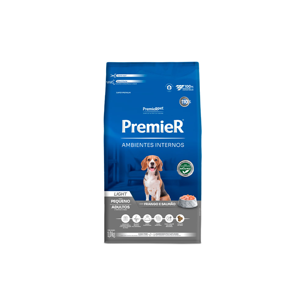 Ração Premier Ambientes Internos Light para Cães Adultos Sabor Frango e Salmão