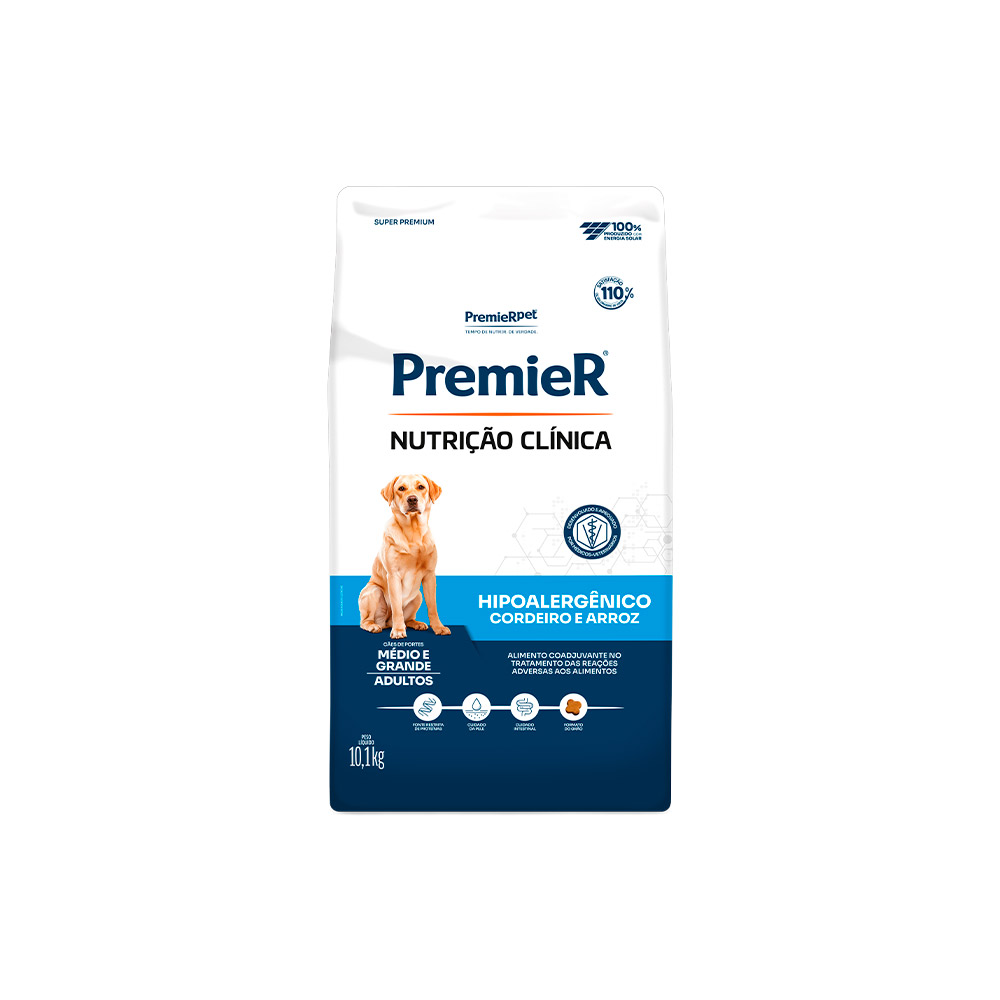 Ração Premier Nutrição Clínica Hipoalergênico para Cães de Médio e Grande Porte Cordeiro e Arroz 10,1kg