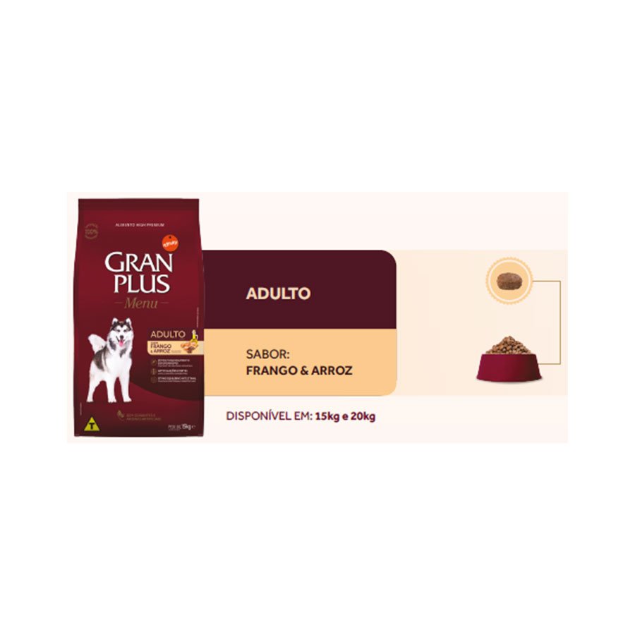 Ração GranPlus Menu para Cães Adultos de Porte Médio e Grande Sabor Frango e Arroz