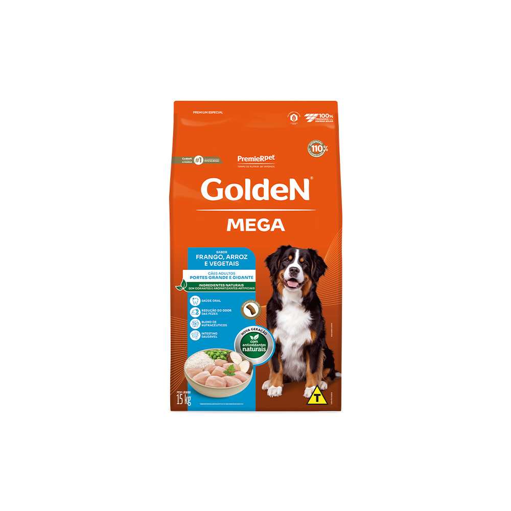 Ração Golden Mega para Cães Adultos de Porte Grande Sabor Frango e Arroz - 15 kg