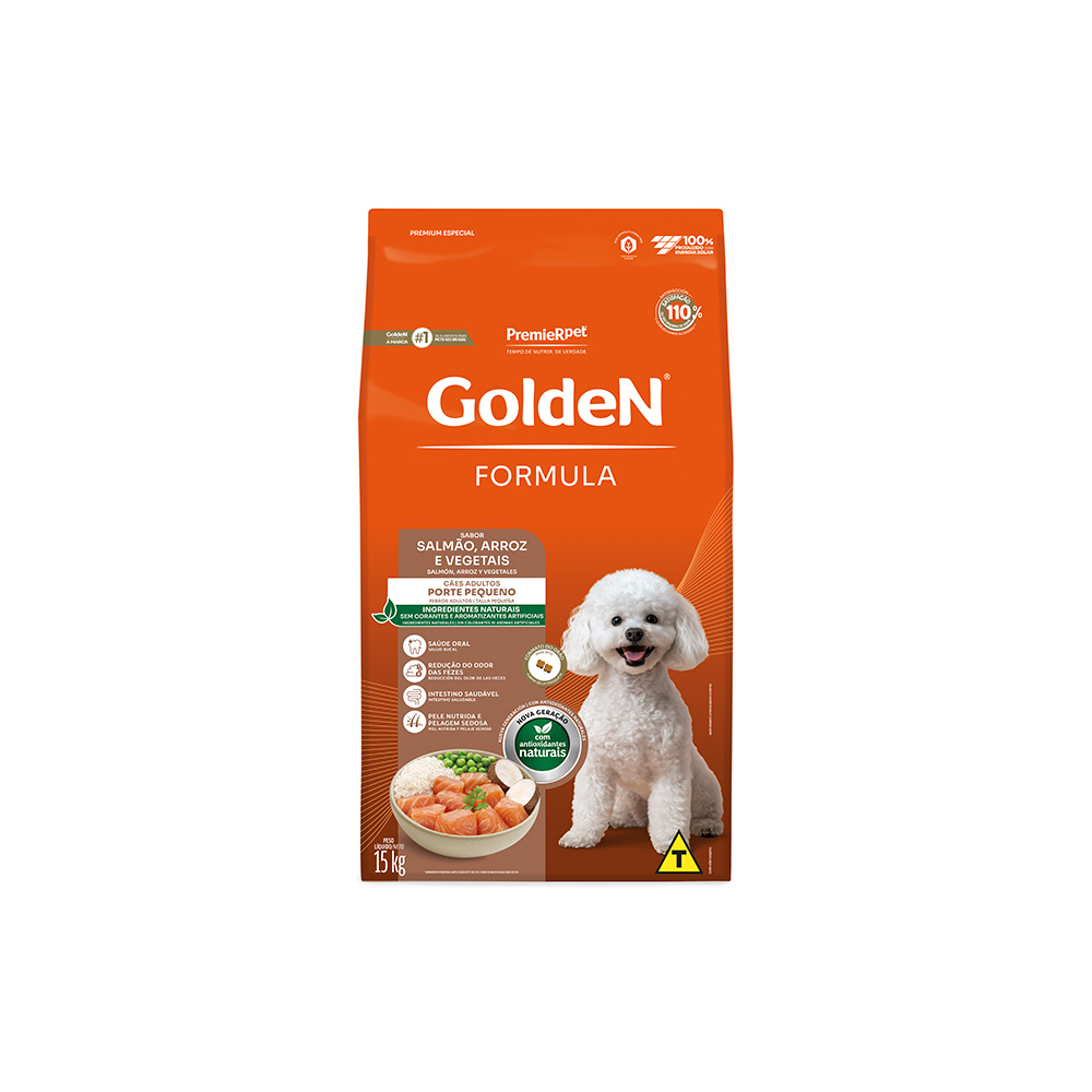 Ração Golden Fórmula Mini Bits para Cães Adultos de Porte Pequeno Sabor Salmão e Arroz