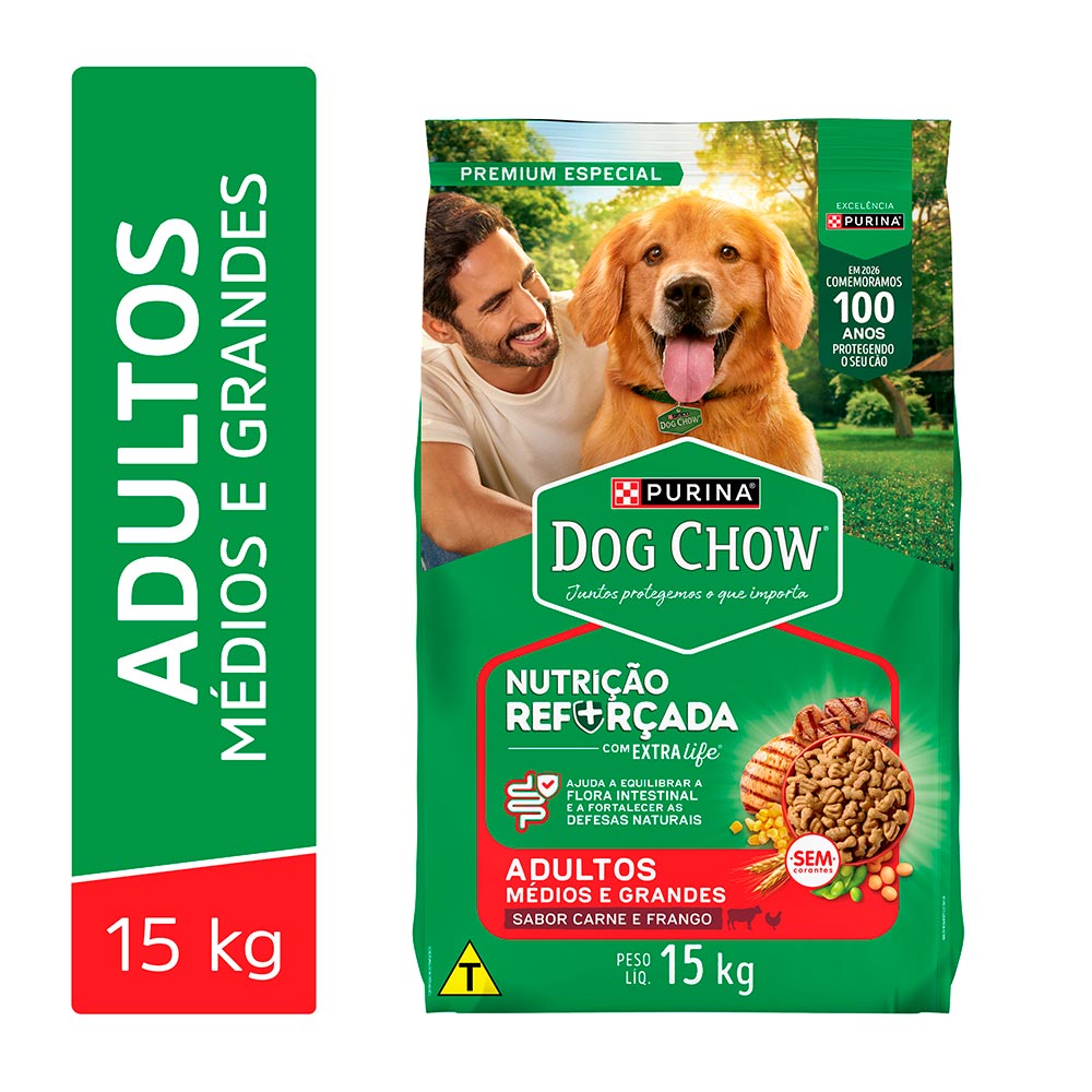 Ração Dog Chow para Cães Adultos de Porte Médio e Grande Sabor Carne, Frango e Arroz