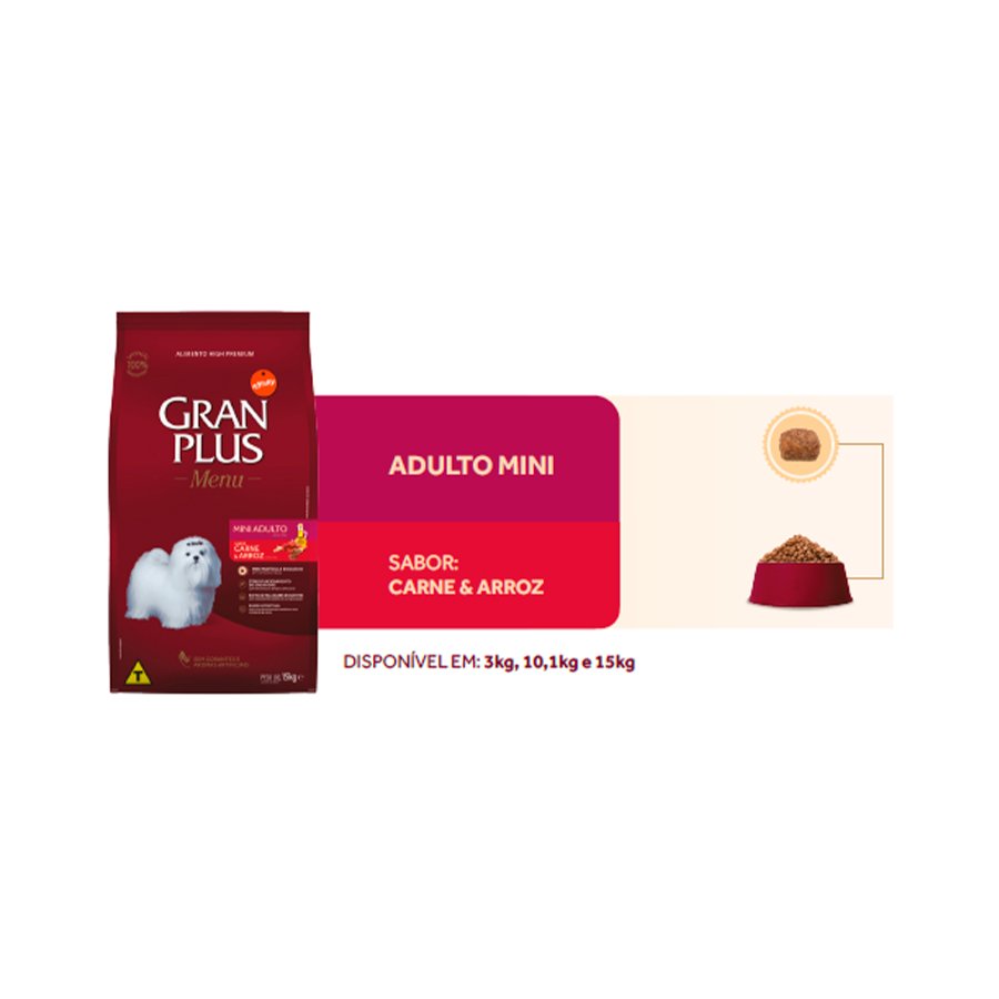 Ração GranPlus Menu para Cães Adultos de Porte Mini Sabor Carne e Arroz