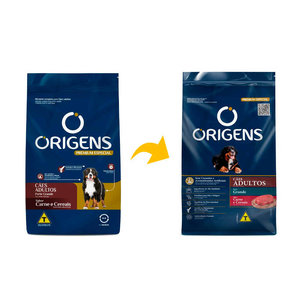 Ração Origens para Cães Adultos de Porte Grande Sabor Carne e Cereais