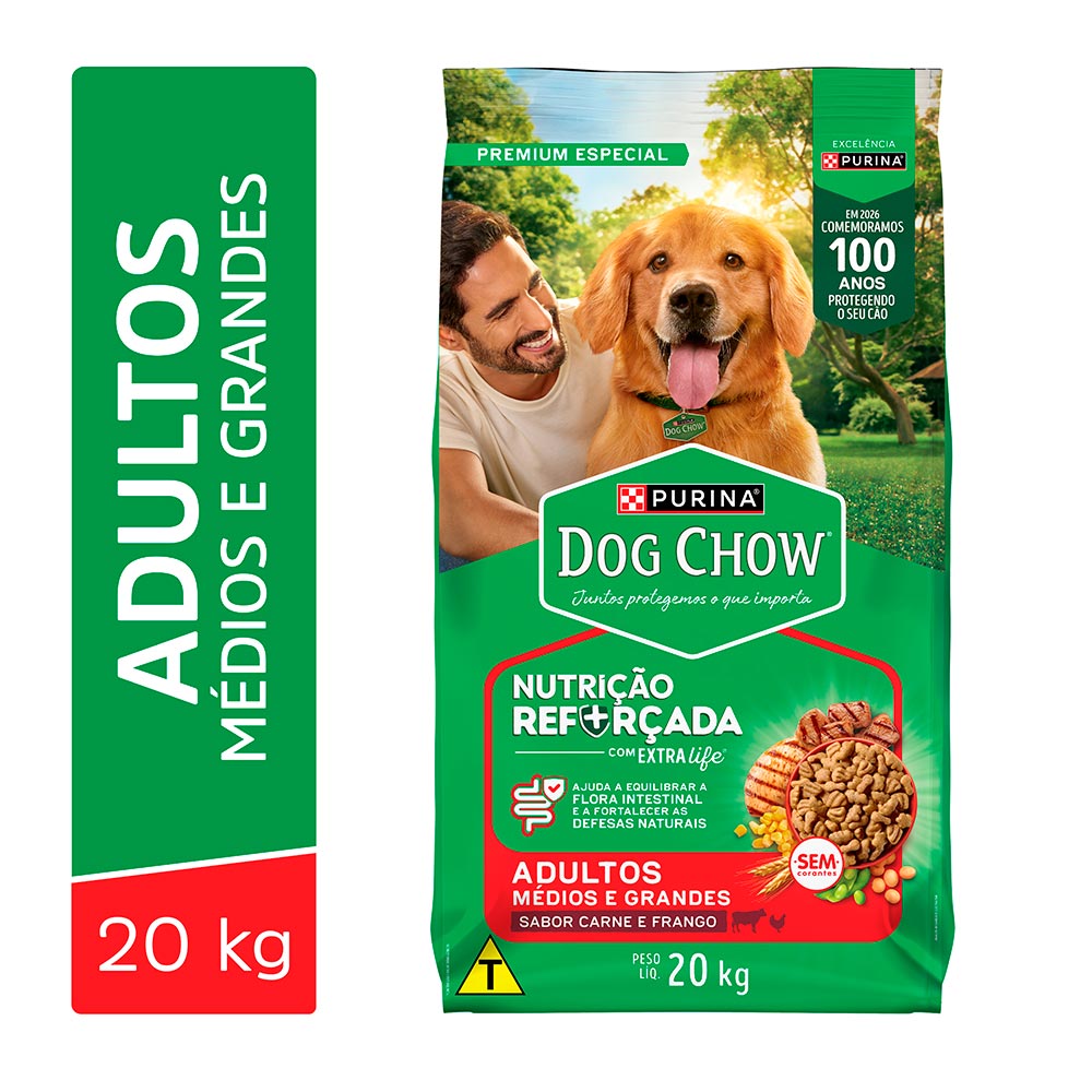 Ração Dog Chow para Cães Adultos de Porte Médio e Grande Sabor Carne, Frango e Arroz