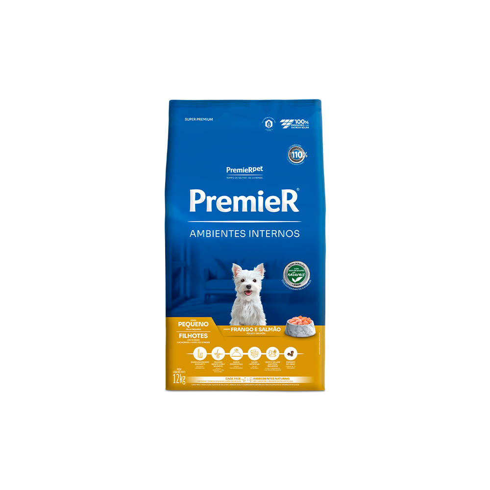 Ração Premier para Cães Filhotes de Raças Pequenas Ambientes Internos Sabor Frango e Salmão