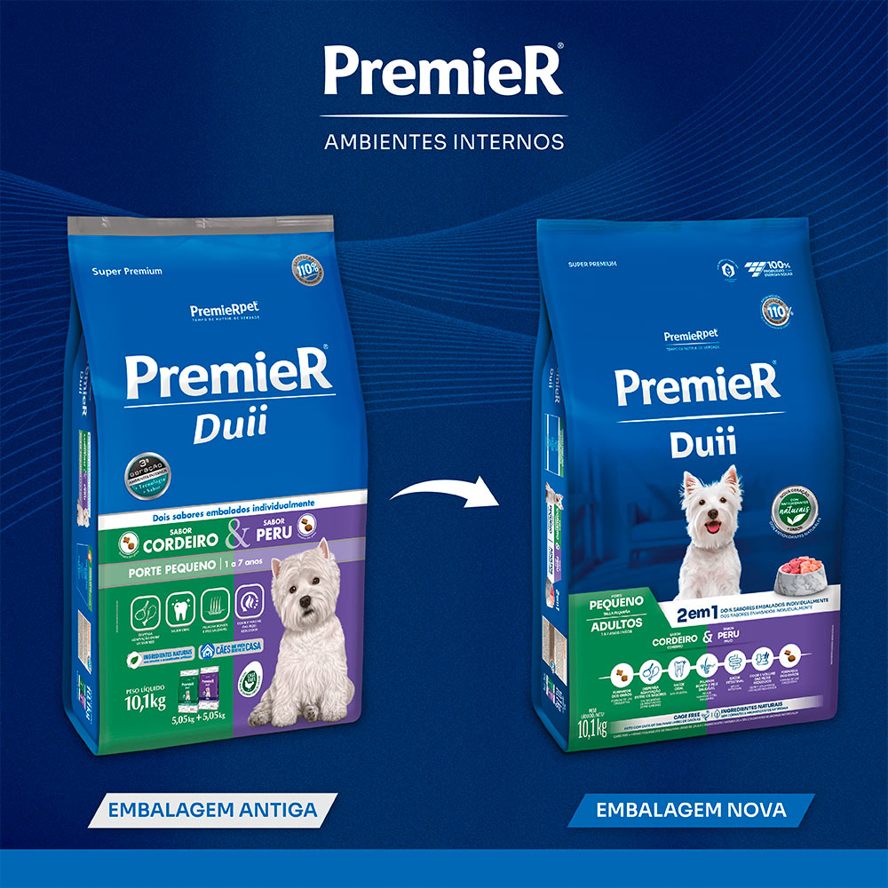 Ração Premier Duii Ambientes Internos para Cães Adultos de Raças Pequenas Sabor Cordeiro e Peru