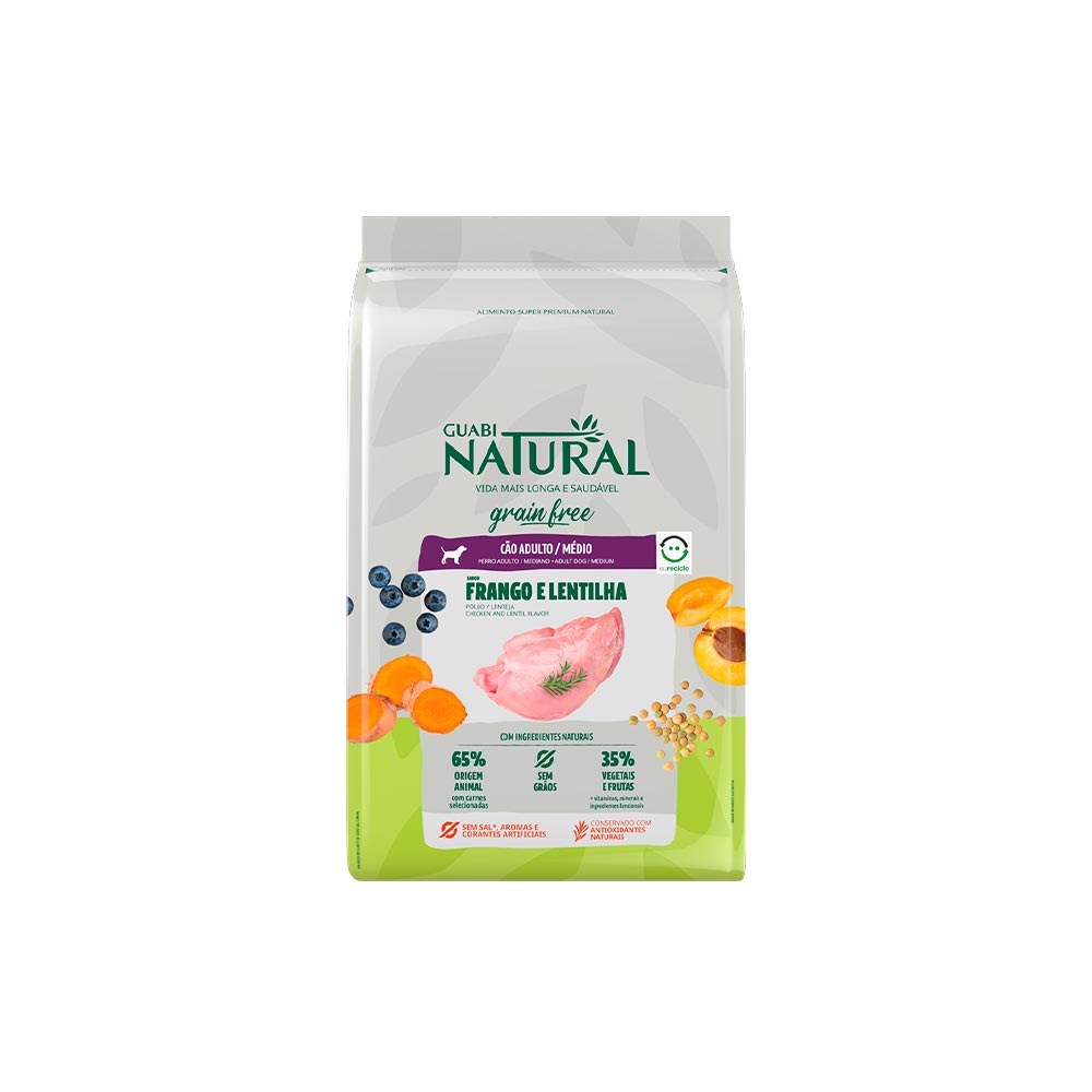 Ração Guabi Natural Grain Free para Cães Adultos de Porte Médio Sabor Frango e Lentilha