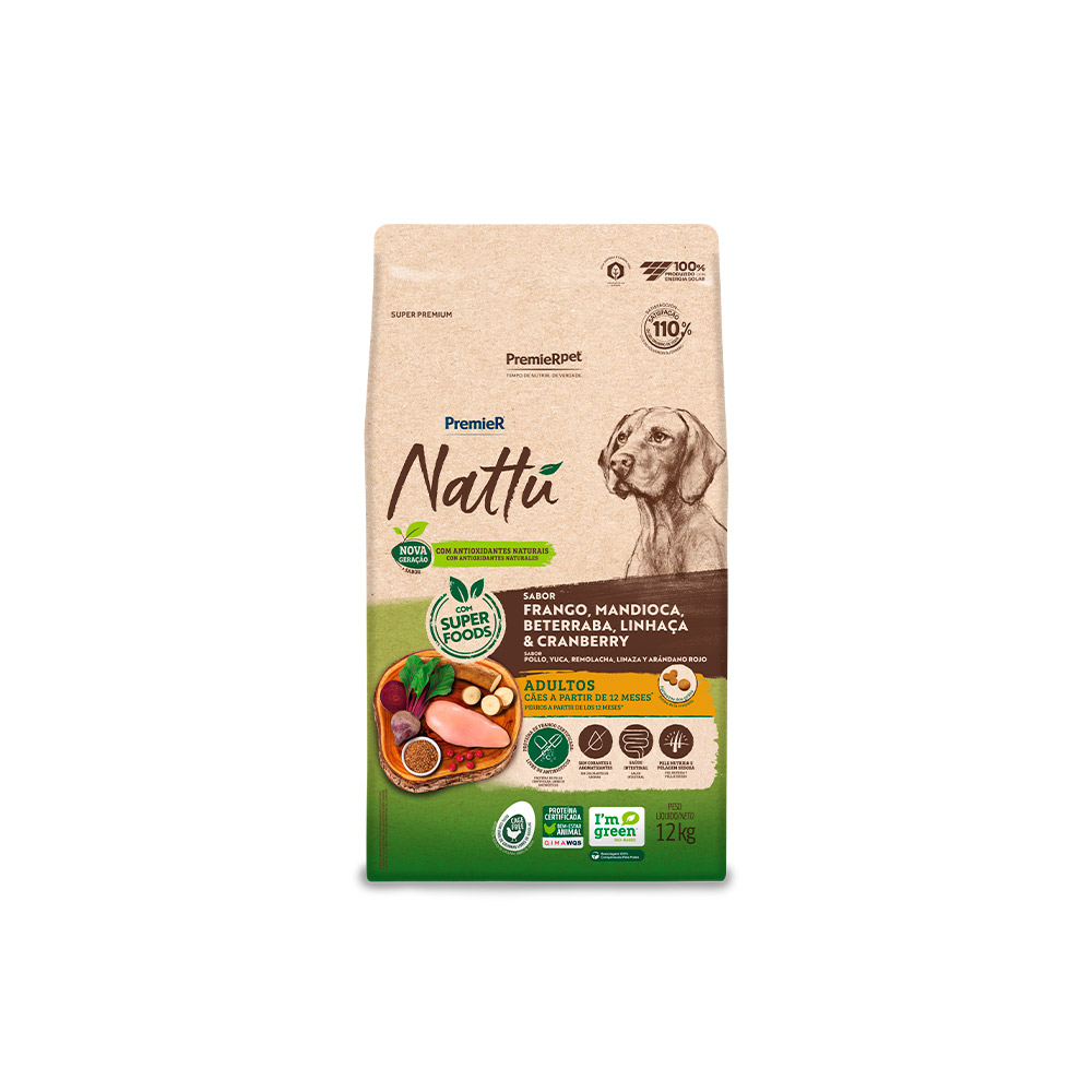 Ração Premier Nattu para Cães Adultos Sabor Mandioca 12kg
