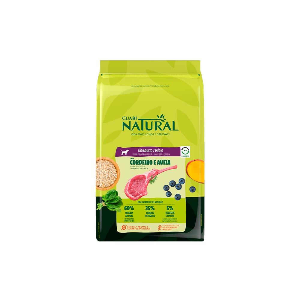 Ração Guabi Natural para Cães Adultos de Raças Médias sabor Cordeiro & Aveia