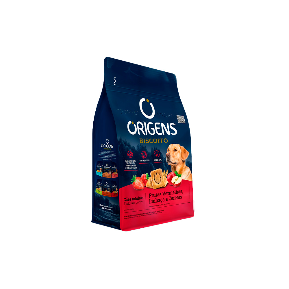 Biscoito Origens para Cães Adultos de Porte Médio e Grande Sabor  Frutas Vermelhas, Linhaça e Cereais 400 g