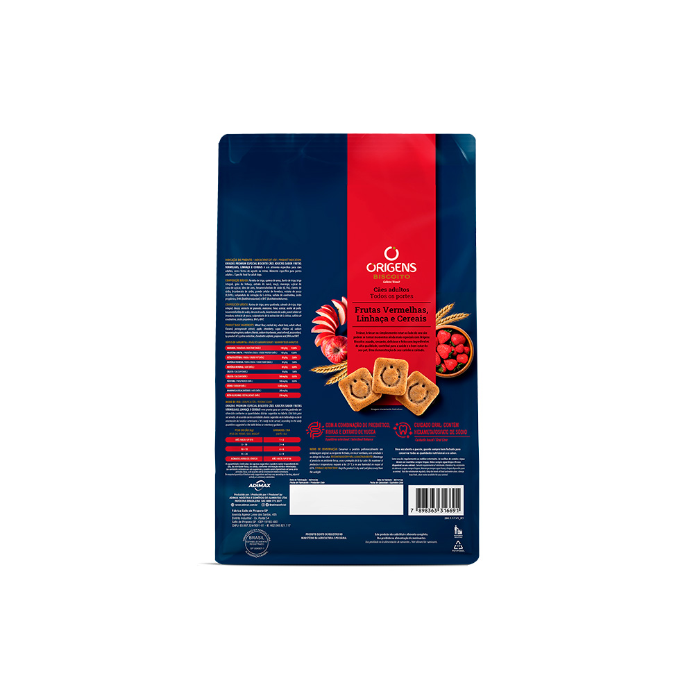 Biscoito Origens para Cães Adultos de Porte Médio e Grande Sabor  Frutas Vermelhas, Linhaça e Cereais 400 g