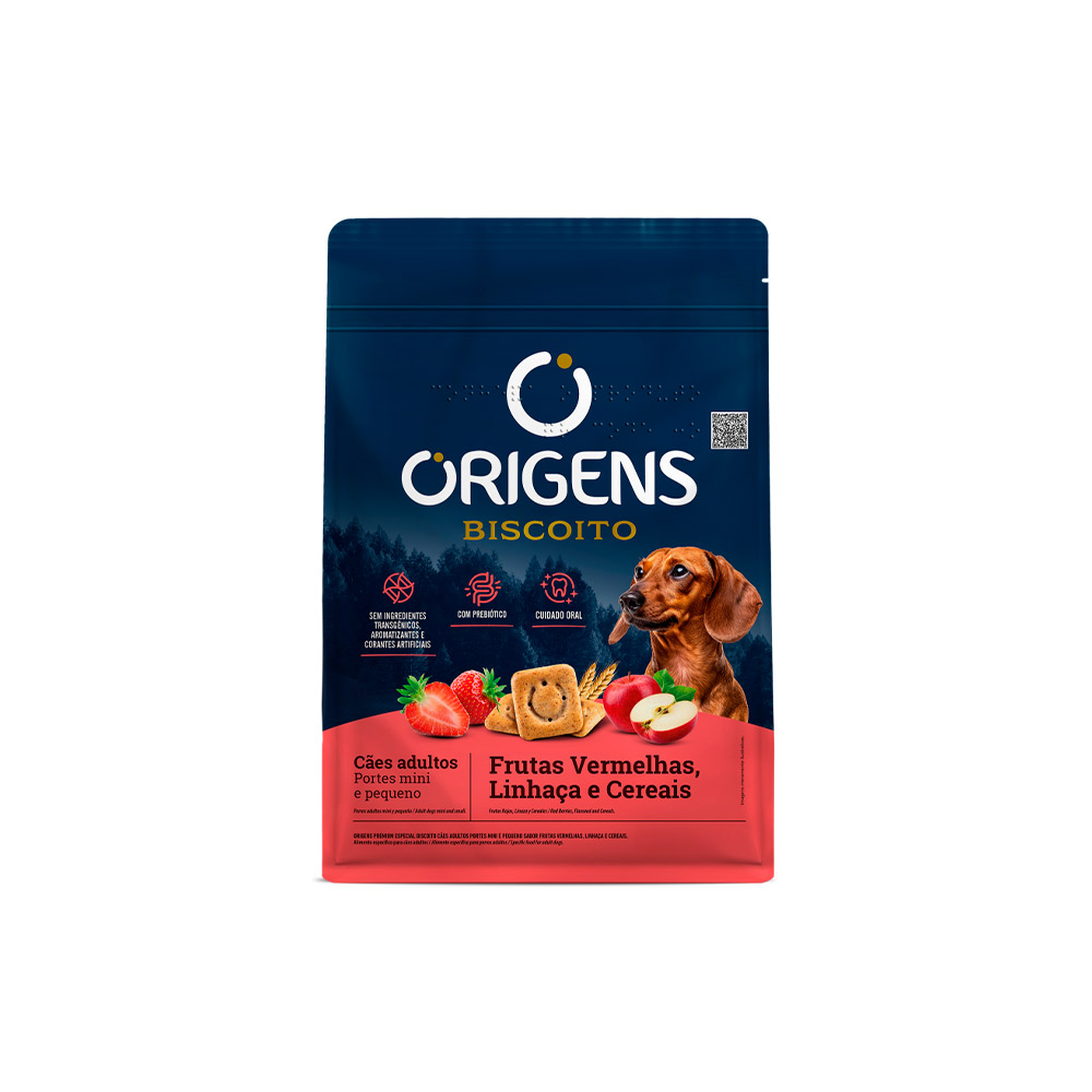 Biscoito Origens para Cães Adultos de Porte Mini e Pequeno Sabor Frutas Vermelhas, Linhaça e Cereais 400 g Biscoito Origens para Cães Adultos de Porte Mini e Pequeno Sabor Frutas Vermelhas, Linhaça e Cereais 400 g