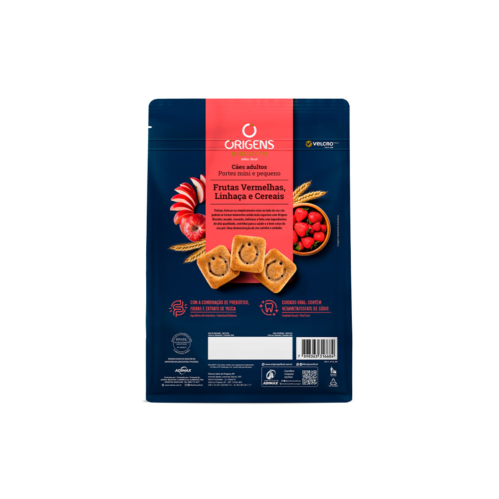 Biscoito Origens para Cães Adultos de Porte Mini e Pequeno Sabor Frutas Vermelhas, Linhaça e Cereais 400 g Biscoito Origens para Cães Adultos de Porte Mini e Pequeno Sabor Frutas Vermelhas, Linhaça e Cereais 400 g