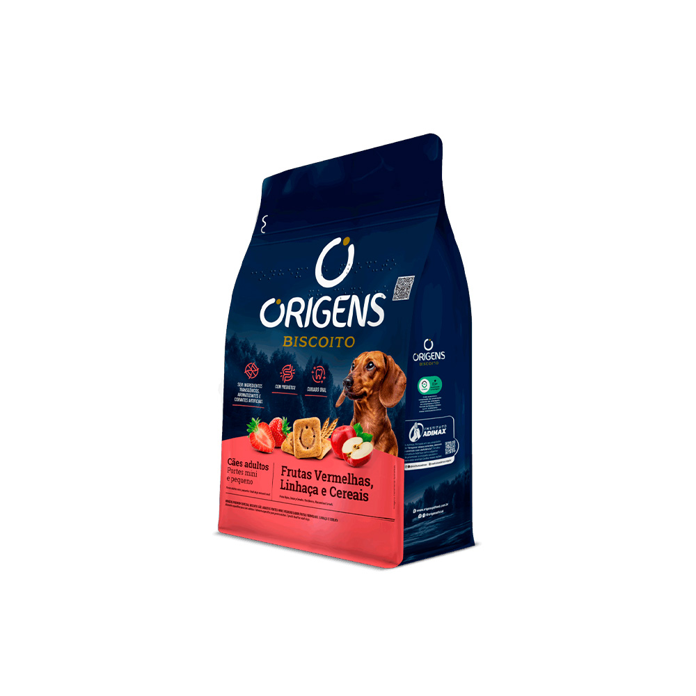 Biscoito Origens para Cães Adultos de Porte Mini e Pequeno Sabor Frutas Vermelhas, Linhaça e Cereais 400 g