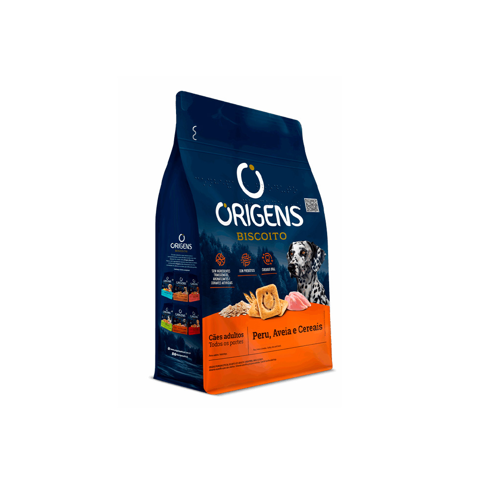 Biscoito Origens para Cães Adultos de Porte Médio e Grande Sabor Peru, Aveia e Cereais 400 g