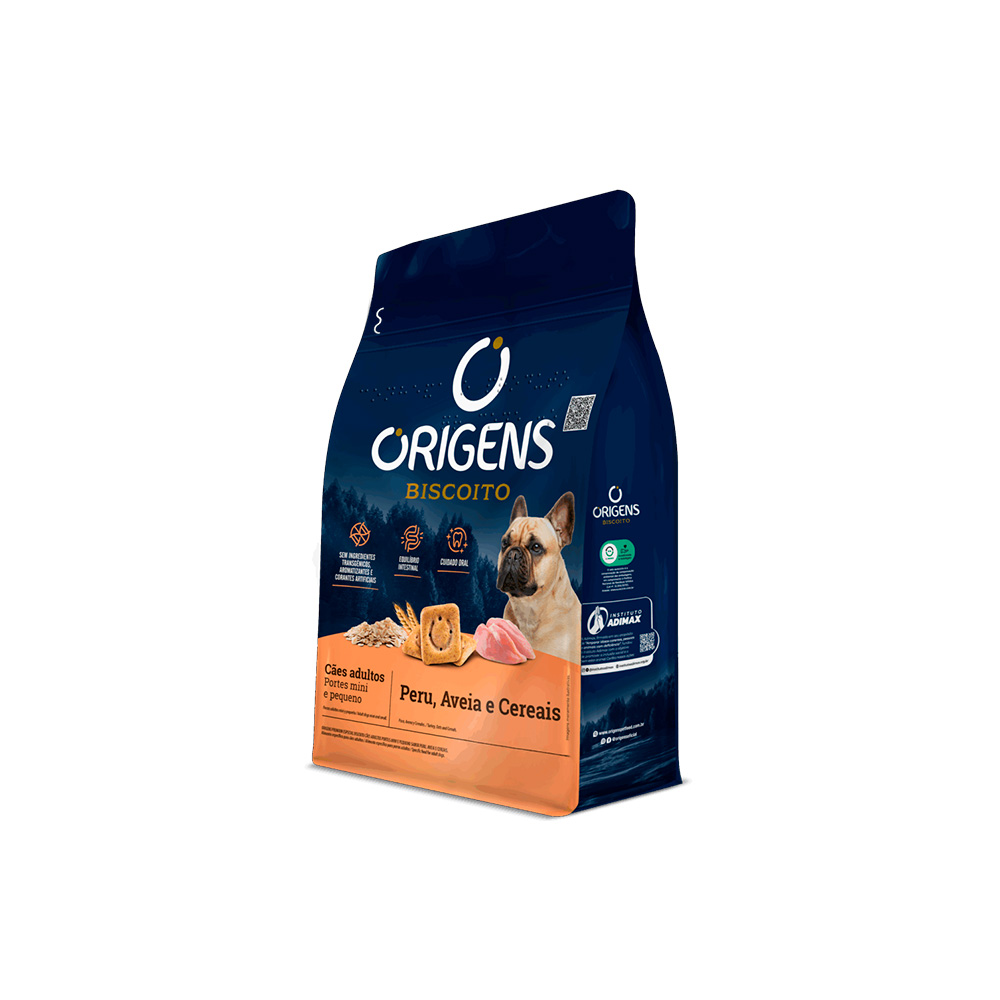 Biscoito Origens para Cães Adultos de Porte Mini e Pequeno Sabor Peru, Aveia e Cereais 400 g