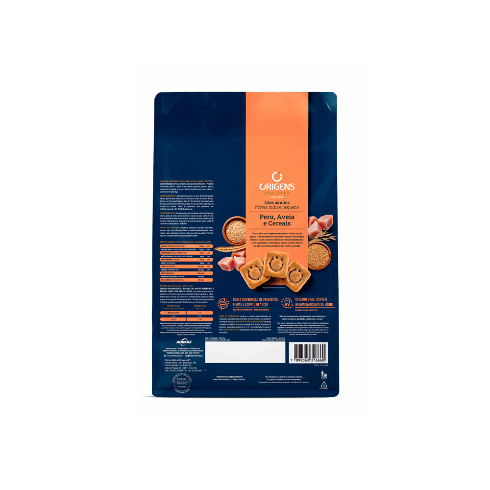 Biscoito Origens para Cães Adultos de Porte Mini e Pequeno Sabor Peru, Aveia e Cereais 400 g