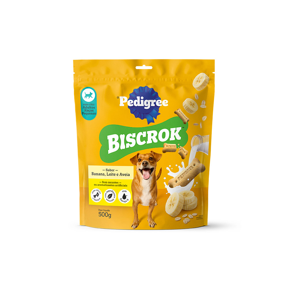 Biscoito Pedigree Biscrok Sabor Banana, Leite e Aveia Para Cães Adultos Raças Pequenas 500g